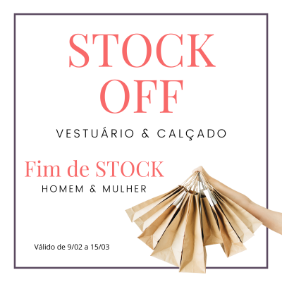 Promoção de stock off em vestuário e calçado para homem e mulher com sacos de papel castanho
