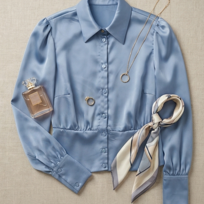 Camisa azul clara acetinada com acessórios de moda sobre superfície bege