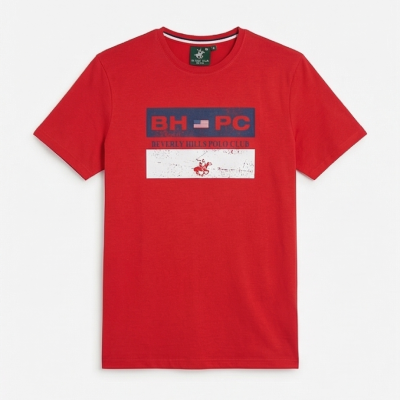 T-shirt vermelha com estampa azul e branca BEVERLY HILLS POLO CLUB