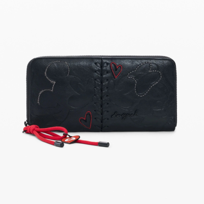 Carteira preta com motivos de Mickey e Minnie e fecho vermelho