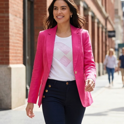 Mulher com blazer rosa fúcsia, blusa branca com padrão, calças pretas e brincos dourados a caminhar na rua