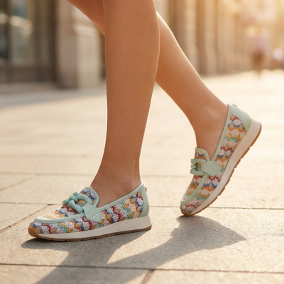 Sapatos mocassins coloridos em tecido e pele sintética verde-água