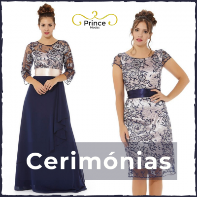 Duas mulheres usando vestidos formais para cerimónias da Prince Modas