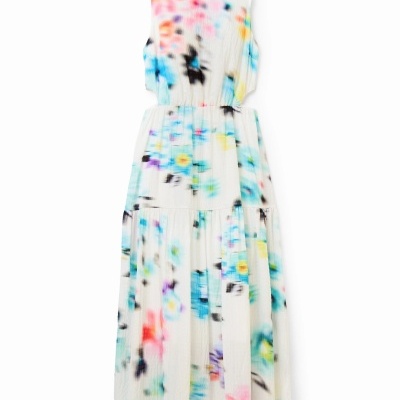 Vestido longo branco com padrão floral colorido