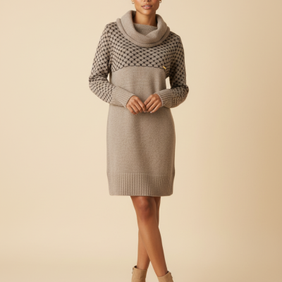 Vestido de malha bege com padrão em relevo cinzento e botins de camurça bege