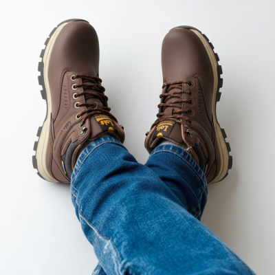 Botas castanhas de couro com atacadores castanhos e sola preta e bege