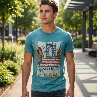 Homem jovem a usar camiseta azul turquesa com estampa gráfica variável, caminhar num passeio urbano com árvores e bancos ao fundo.