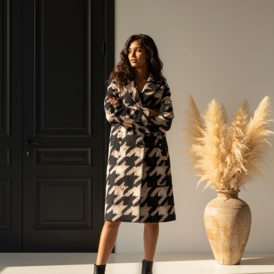 Mulher com casaco padrão pied-de-poule preto e bege, botinhas pretas, jarra de cerâmica com plantas secas e porta preta ao fundo