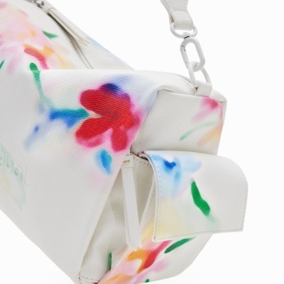 Mala branca com padrão floral colorido e alça destacável