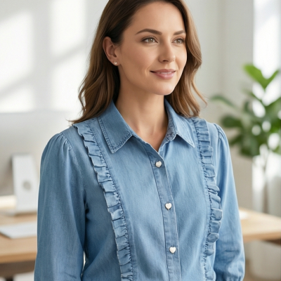 Blusa azul em tecido semelhante a ganga com botões em forma de coração e folhos verticais