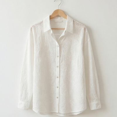 Camisa branca de mangas compridas com padrão de bordado floral subtil