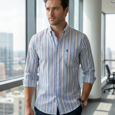 Homem a usar camisa riscada azul, castanho e branco no escritório