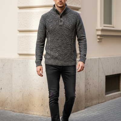 Homem a usar camisola de malha cinzenta e calças pretas a caminhar numa rua de calçada.
