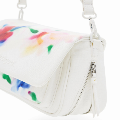 Mala branca com padrão multicolor e zíper prateado