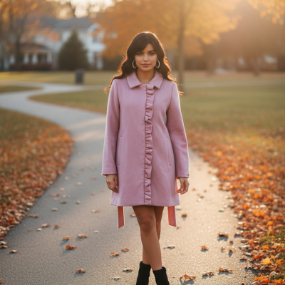 Mulher com casaco rosa e botas pretas num caminho de outono