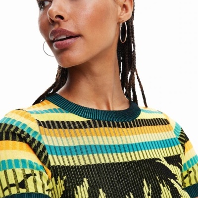 Camisola de malha colorida com padrão de riscas e folhas pretas