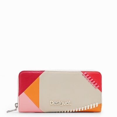 Carteira colorida retangular com padrão geométrico e fecho de correr