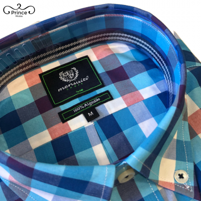 Camisa xadrez azul, branca e laranja de algodão 100% com etiqueta mersuitco e tamanho M
