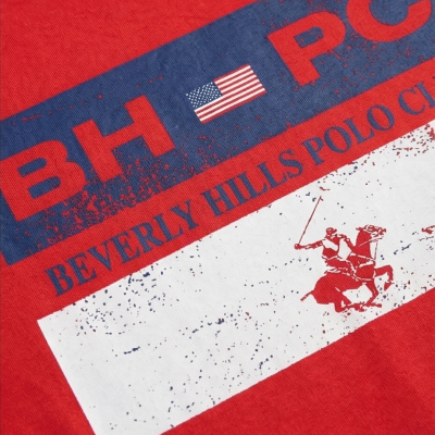 Detalhe de estampa em tecido vermelho com texto e imagem temática de pólo.