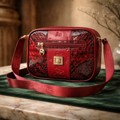 Mala de ombro vermelha com padrão tipo pele de cobra e alça de tecido com marca