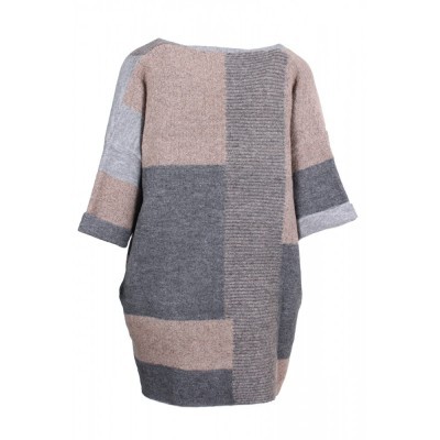 Vestido de malha em blocos cinza, bege e castanho claro com mangas 3/4