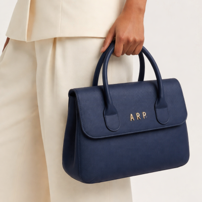 Mala de mão azul escura com monograma dourado e alças