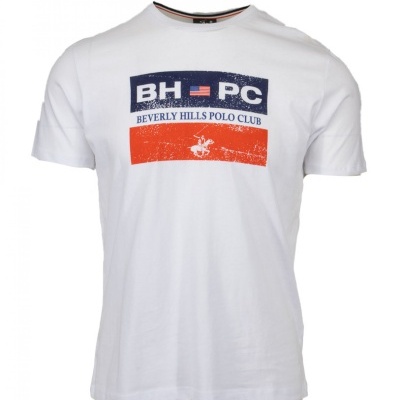 T-shirt branca com estampado de texto azul e vermelho