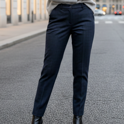 Pessoa vestindo calças azul escuro com padrão xadrez, botins pretos e suéter cinza claro