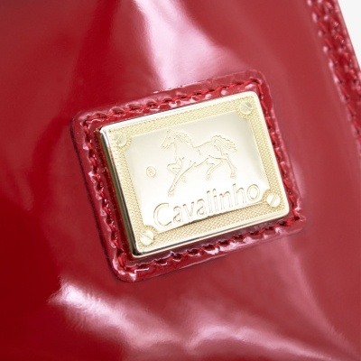 Etiqueta dourada com logotipo de cavalo e texto Cavalinho em superfície vermelha brilhante