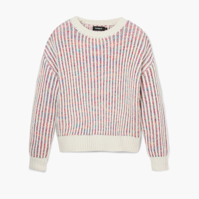 Camisola de malha branca com riscas verticais coloridas