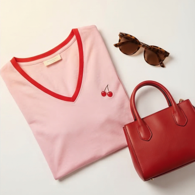 T-shirt rosa com bordado de cerejas, óculos de sol castanhos e mala vermelha