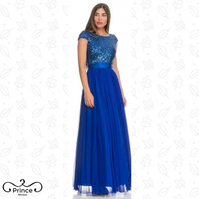 Vestido comprido azul royal com lantejoulas e saia leve transparente