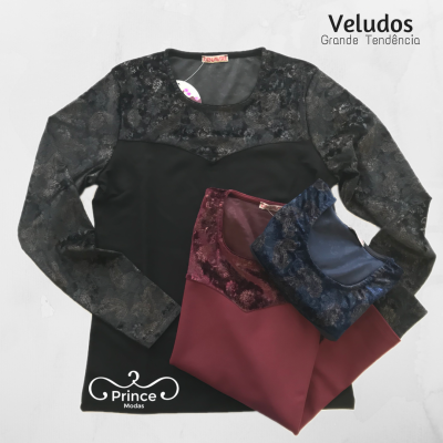 Três blusas femininas de veludo com manga e parte superior em padrão floral em preto, vinho e azul.