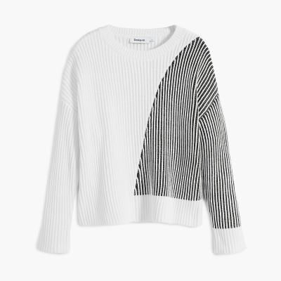 Camisola branca com padrão riscas pretas da marca Desigual