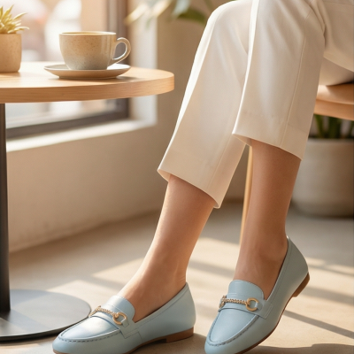 Sapatos mocassins azuis com corrente dourada e calças brancas num interior com mesa e chávena