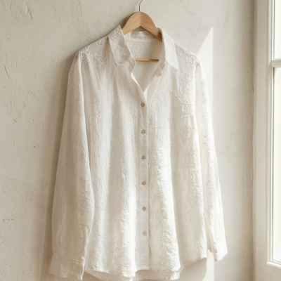 Camisa branca bordada de manga comprida em cabide de madeira junto a janela
