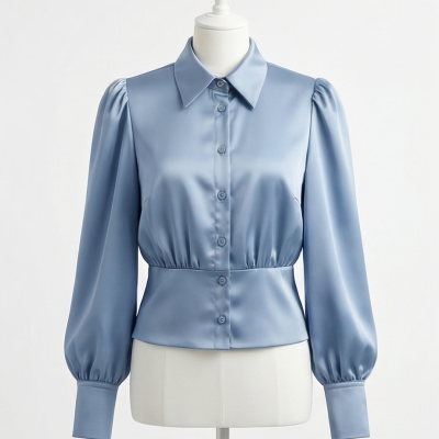 Camisa azul acetinada com botões e mangas compridas num manequim branco