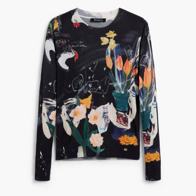 Camisola preta com estampado colorido de flores e elementos gráficos