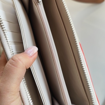 Carteira bege com fecho metálico e várias divisórias no interior