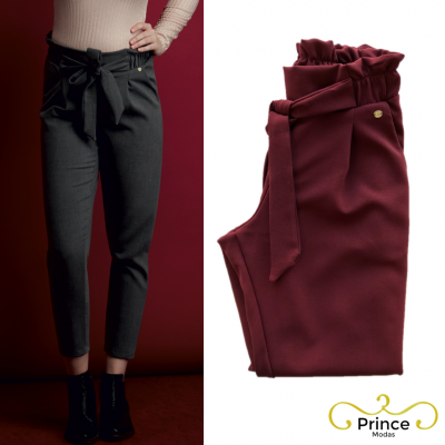 Calças de cintura alta com laço em cinza escuro e bordô em fotografia dupla