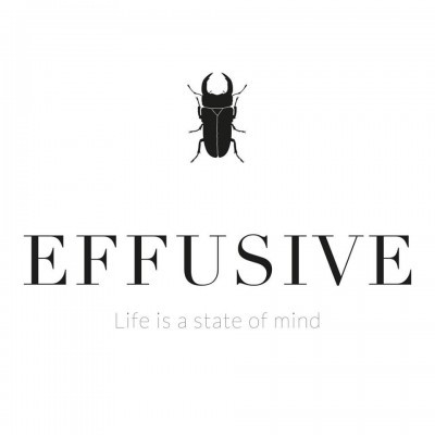Logótipo com um escaravelho, texto EFFUSIVE e frase Life is a state of mind.