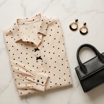 Camisa bege de bolinhas pretas, brincos dourados e mala preta sobre fundo branco marmoreado