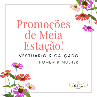 Anúncio promocional com texto e flores coloridas nas bordas.