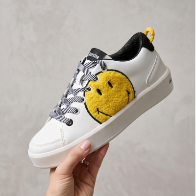 Ténis branco com sorriso amarelo texturizado e atacadores às riscas