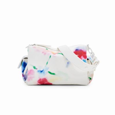 Mala branca com padrão floral multicolorido e alça larga ajustável