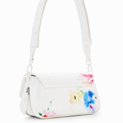 Mala de ombro branca com estampas florais coloridas e alça larga