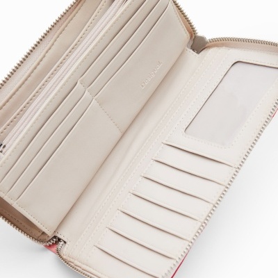 Carteira feminina bege claro com compartimentos para cartões e fecho de zíper