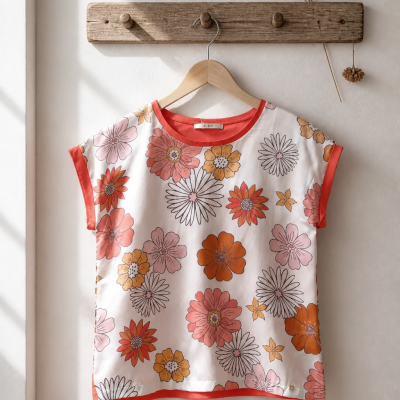 T-shirt branca com flores coloridas pendurada num cabide de madeira
