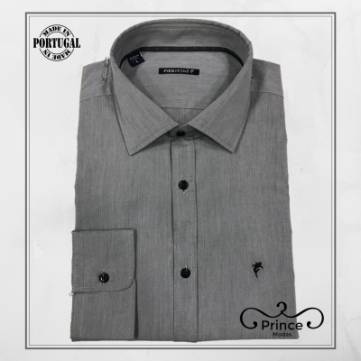 Camisa masculina cinzenta com padrão fino e logótipo de golfinho bordado