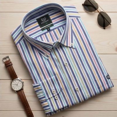 Camisa listrada dobrada com relógio e óculos de sol sobre madeira